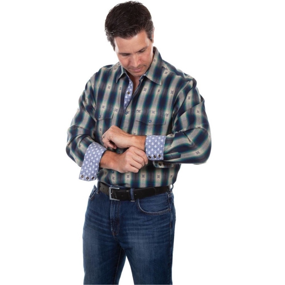 Scully Western Shirt XXL Indigo L/S Dobby Stripe Pearl Snap Signature Series